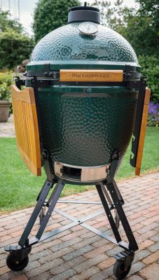 Amsterdam, The Netherlands - May 2021: Close up image of the big size The Green Egg outdoor barbecue. Very popular ceramic bbq Large The Green Egg.