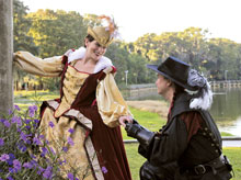 Renaissance Faire cast members Kathy Yemm and Kevin Daniels pose in authentic wedding garb that can be used for real-life weddings.