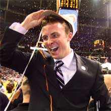 Matt McCall celebrates after the Gators win their second basketball championship in two years.